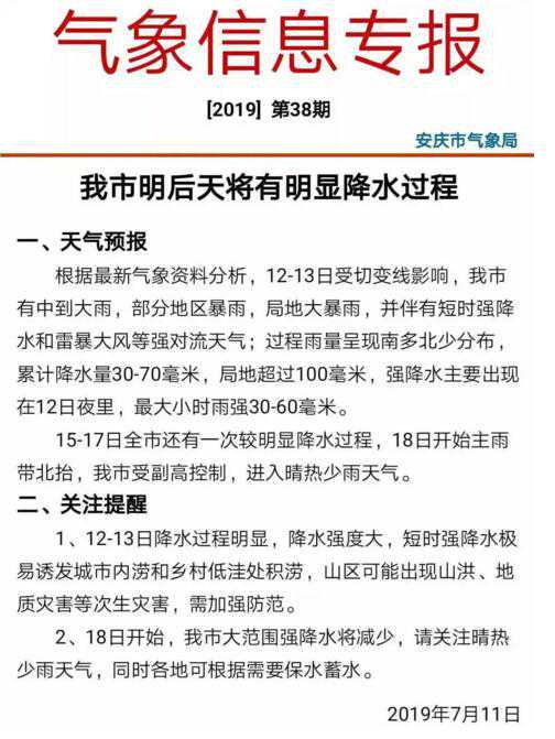 要下雨了！安庆本周天气预报