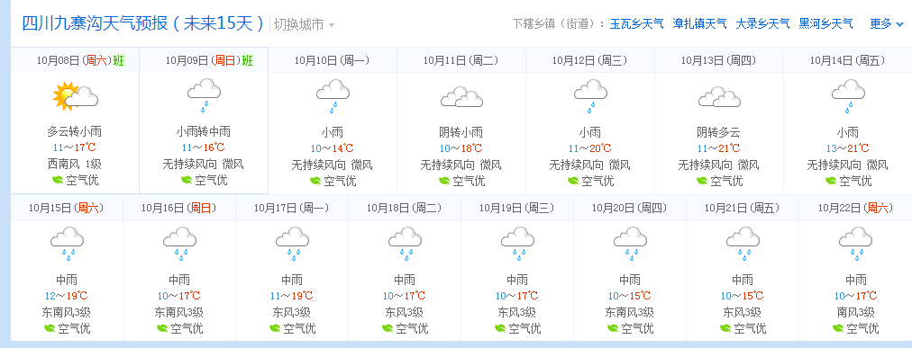 四川九寨沟未来15天天气预报
