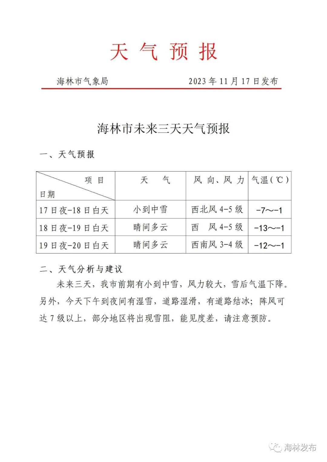 未来三天天气预报及安全提示