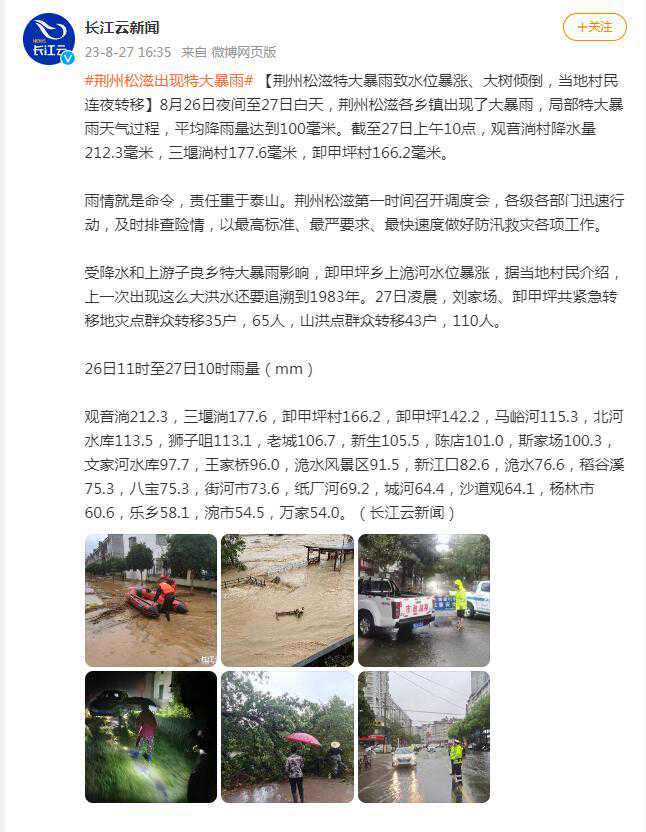 荆州松滋特大暴雨致水位暴涨、大树倾倒，当地村民连夜转移